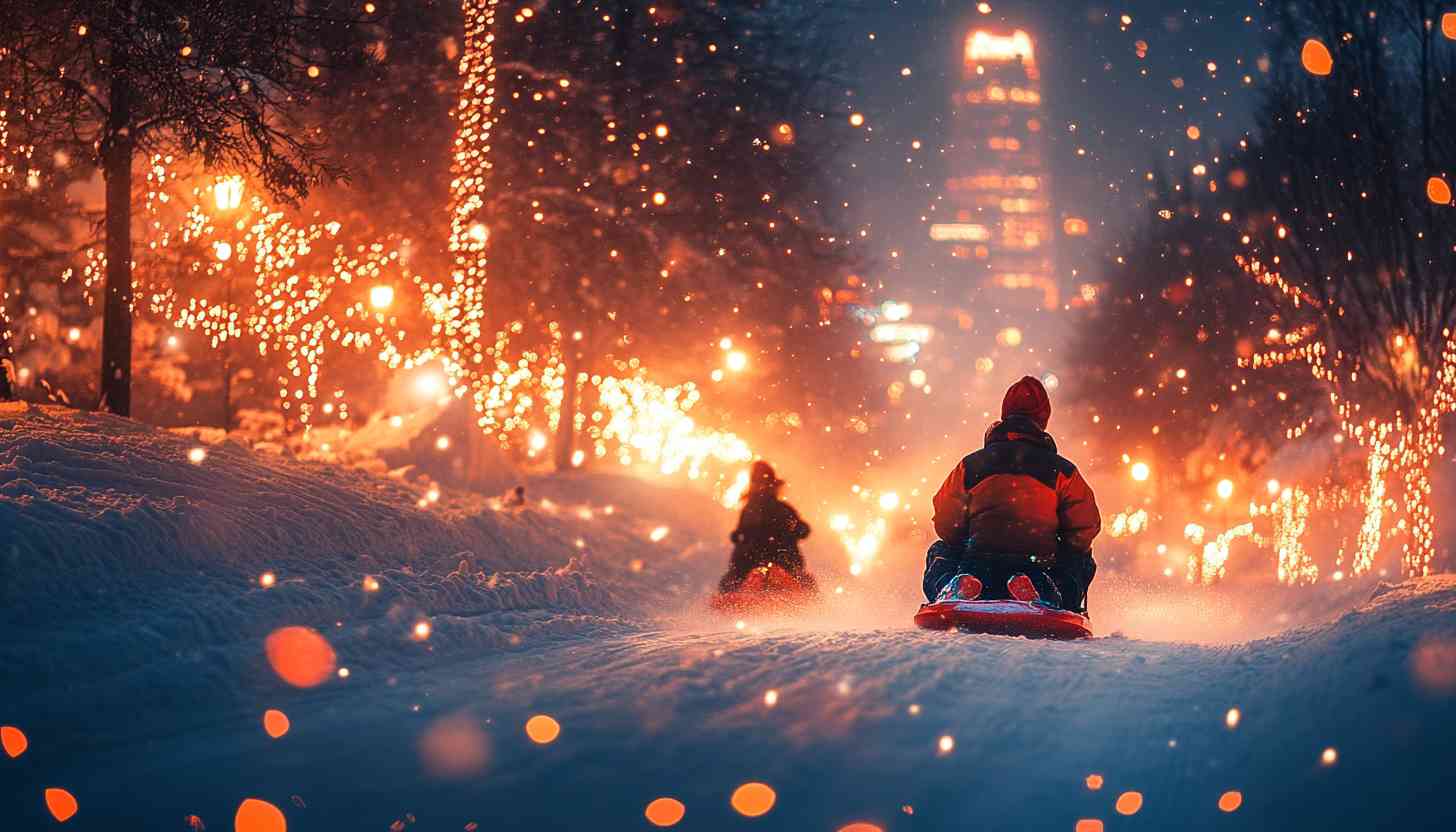 Snowy Night Sledding Adventure City Lights