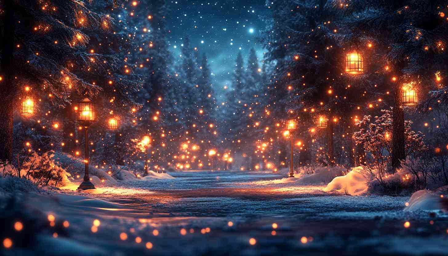 Enchanted Winter Forest Path With Lanterns And Falling Snow