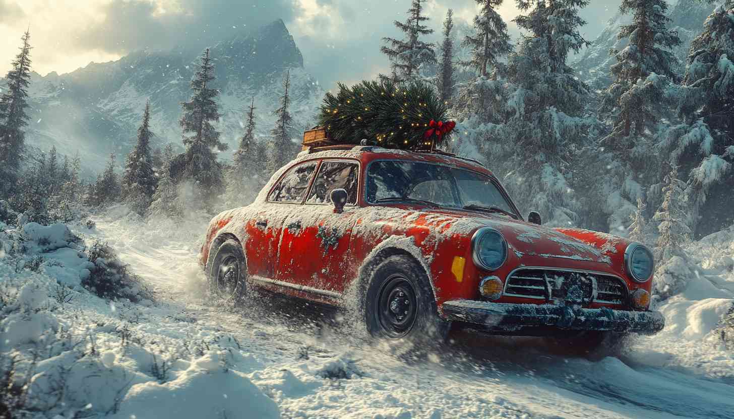 Vintage Red Car Christmas Tree Snowy Mountain Road