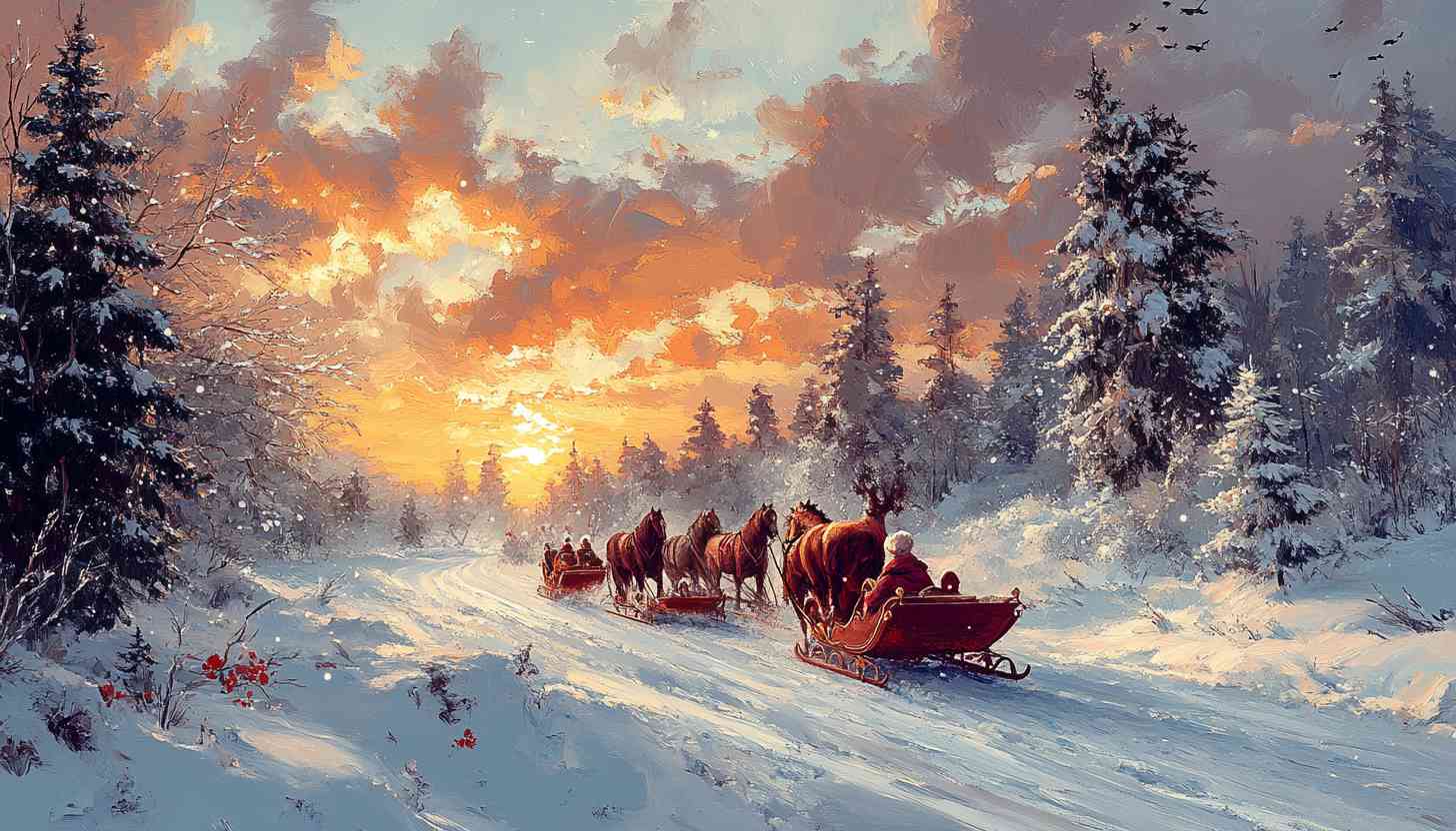 Winter Wonderland Horse-Drawn Sleigh Sunset Landscape