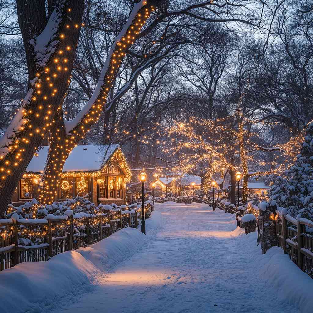 Snowy Winter Wonderland Pathway with Christmas Lights