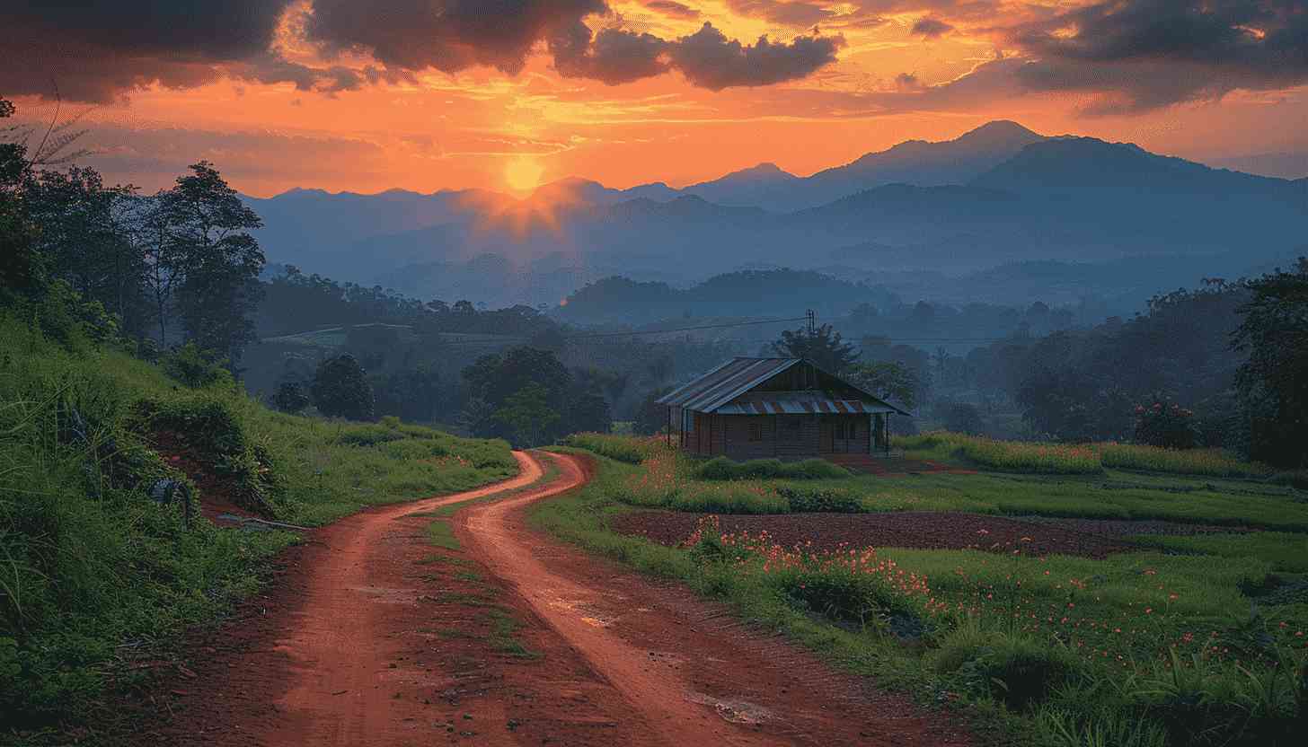Sunset Mountain Landscape with Rural Home and Path