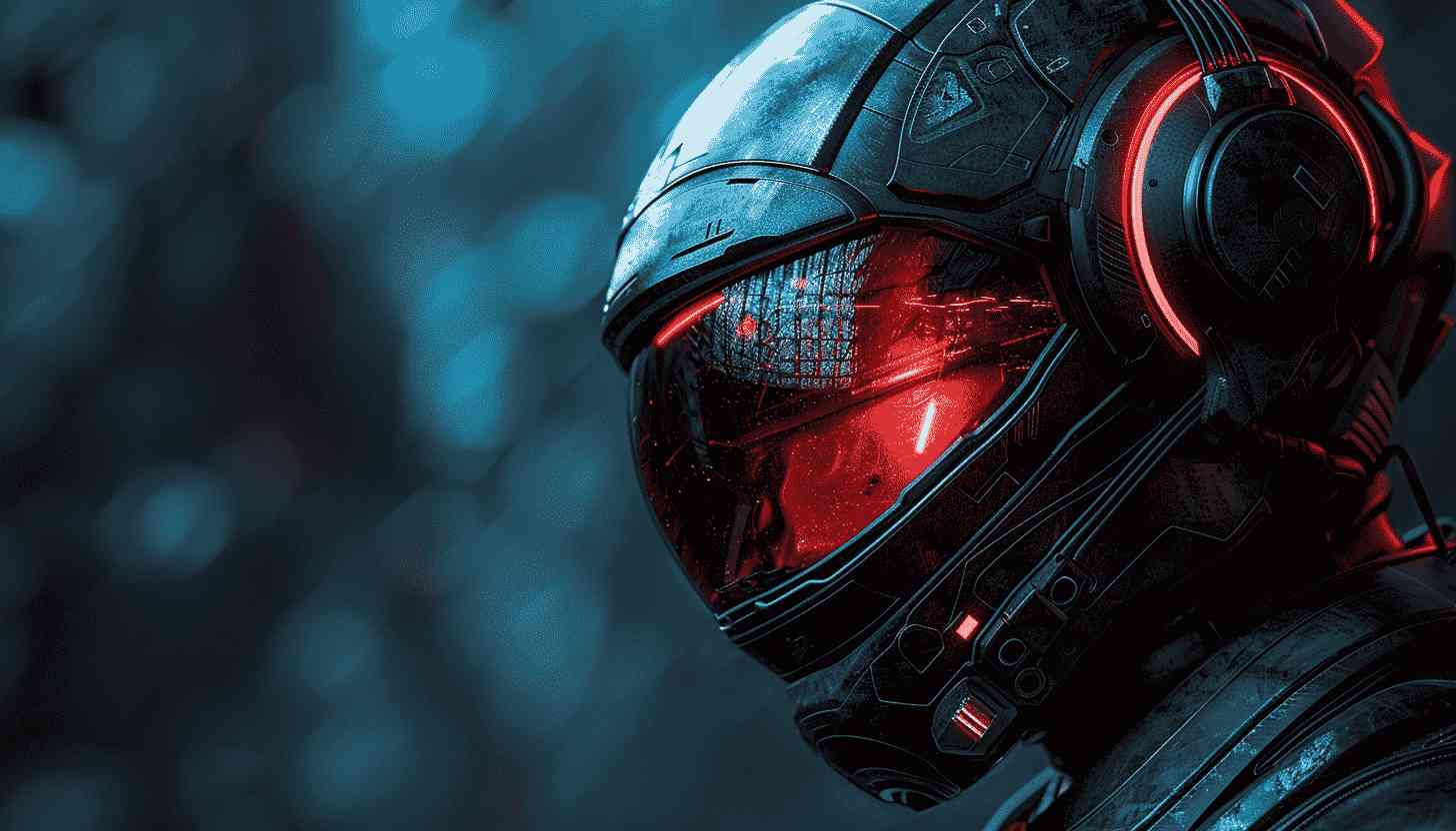 Futuristic Helmet with Red Lights and Glowing Visor