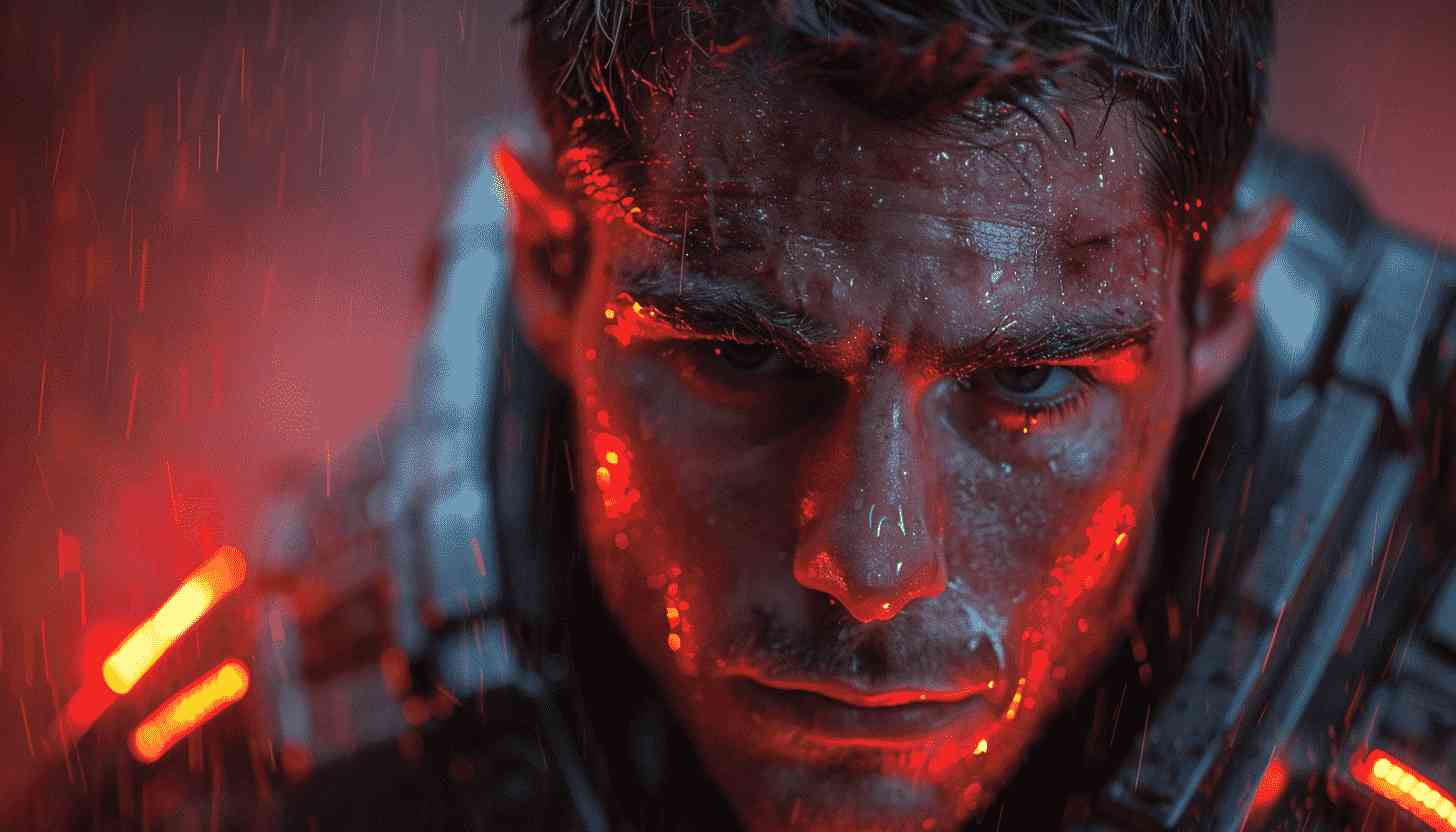 Close-Up of a Soldier in Rain and Red Lights
