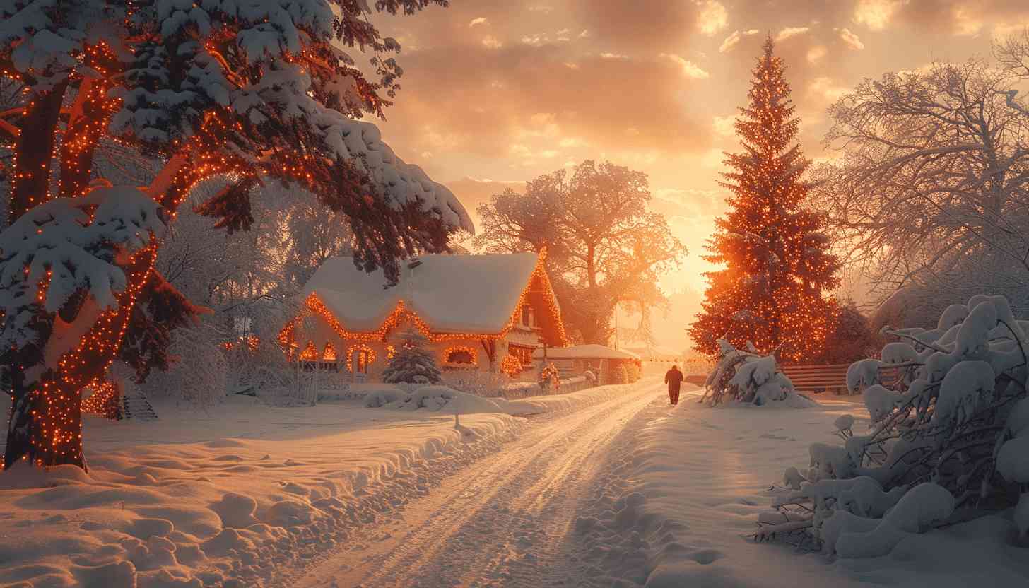 Snowy Winter Wonderland Christmas Lights Sunset