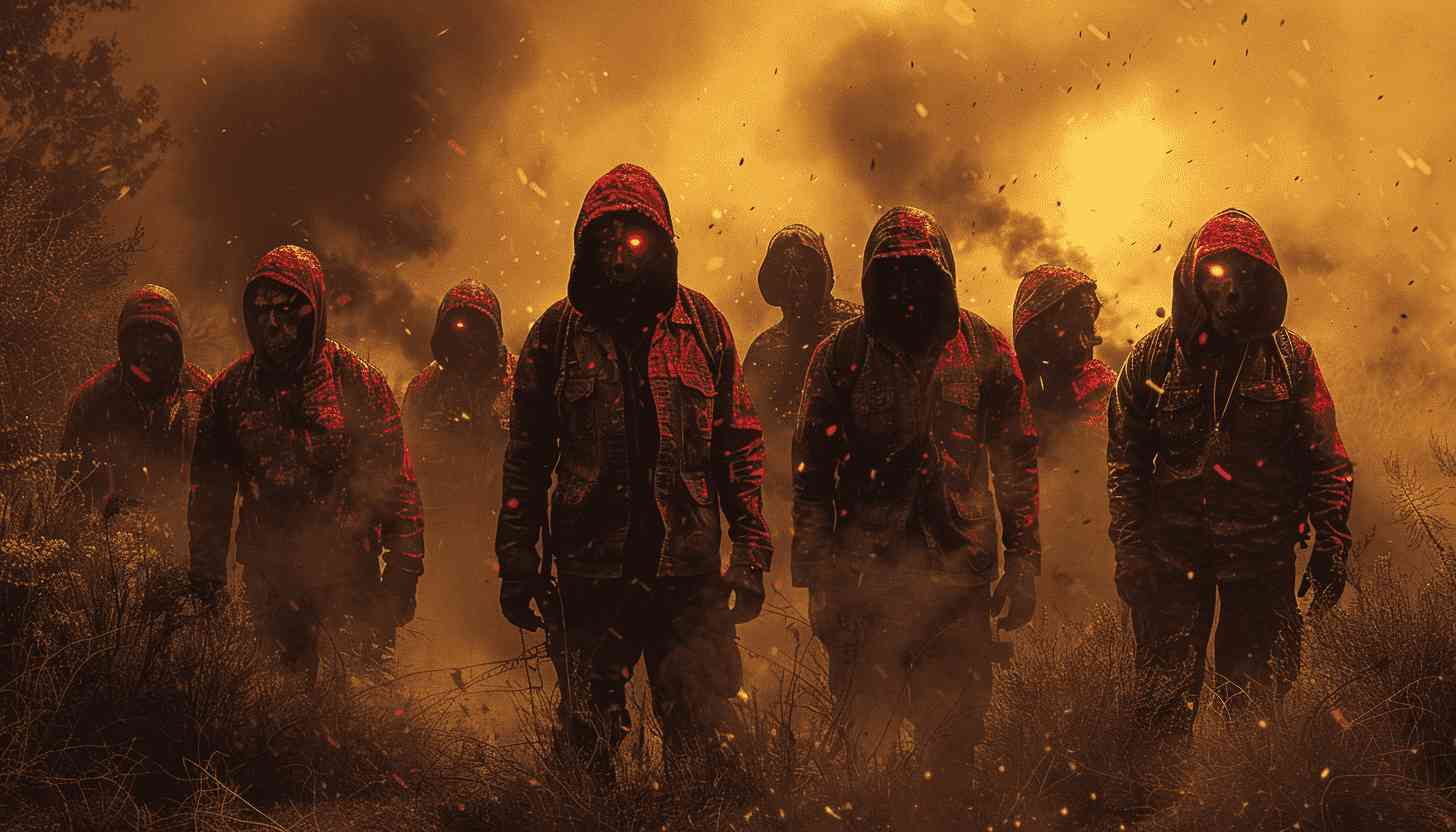 Hooded Figures in Fire-Filled Landscape