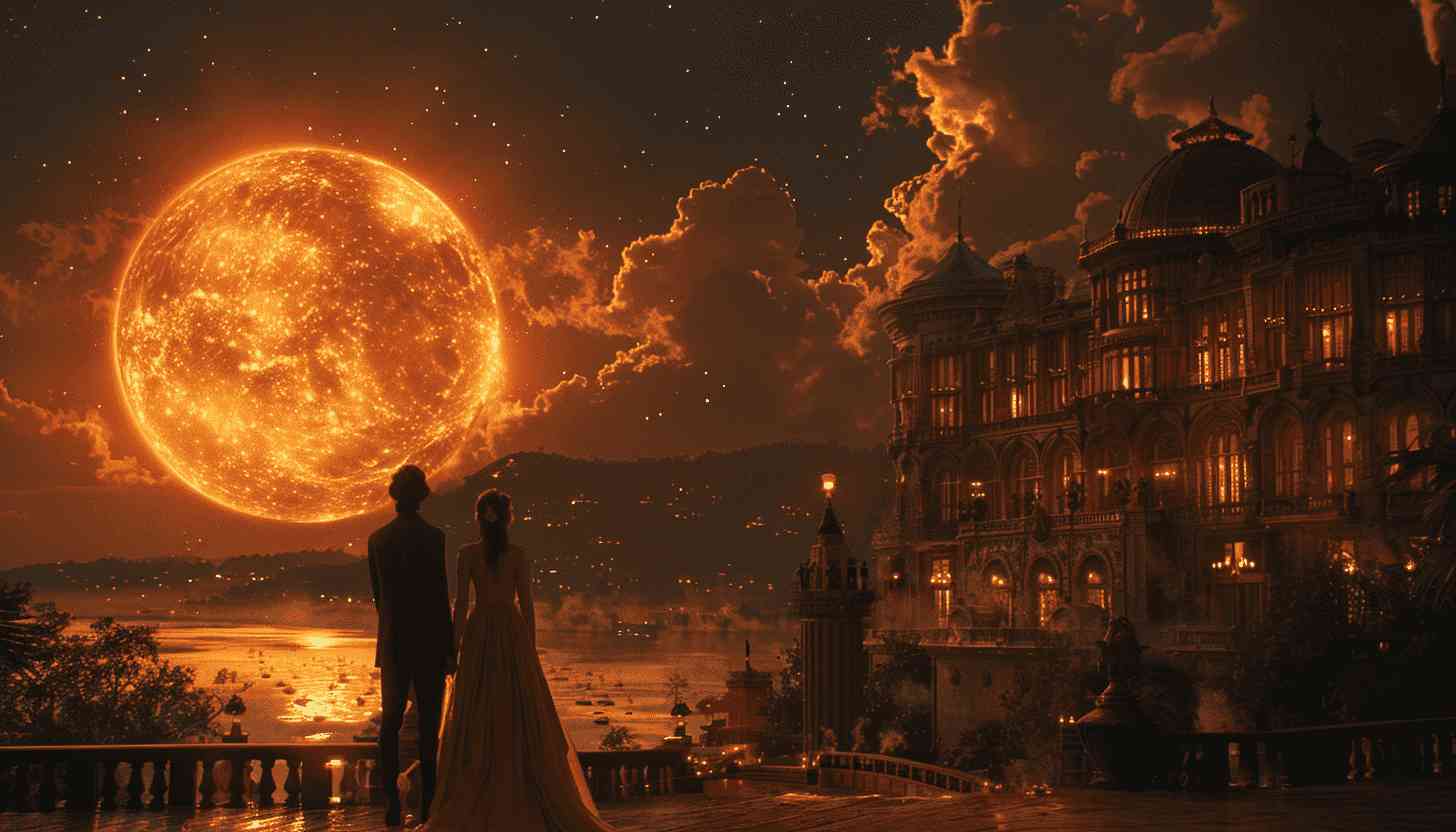 Silhouettes Gaze at Fiery Moonlit City