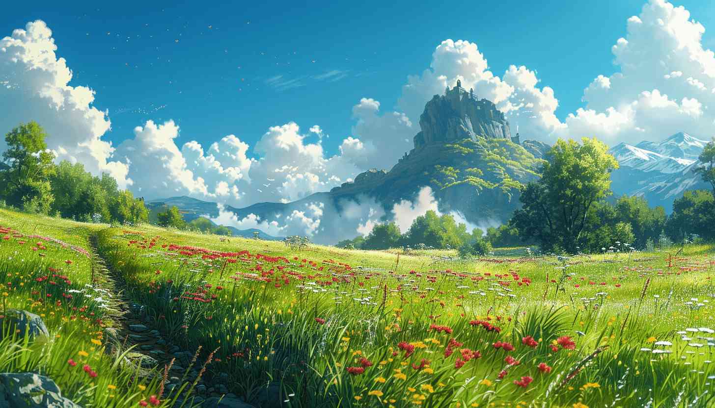 Mountaintop Castle with Meadow and Path