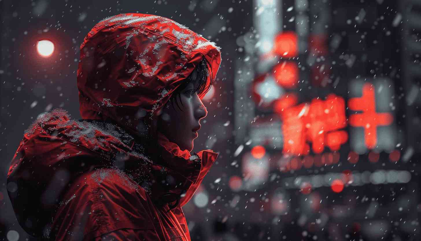 Snowy Night Cityscape with Red Hoodie Person
