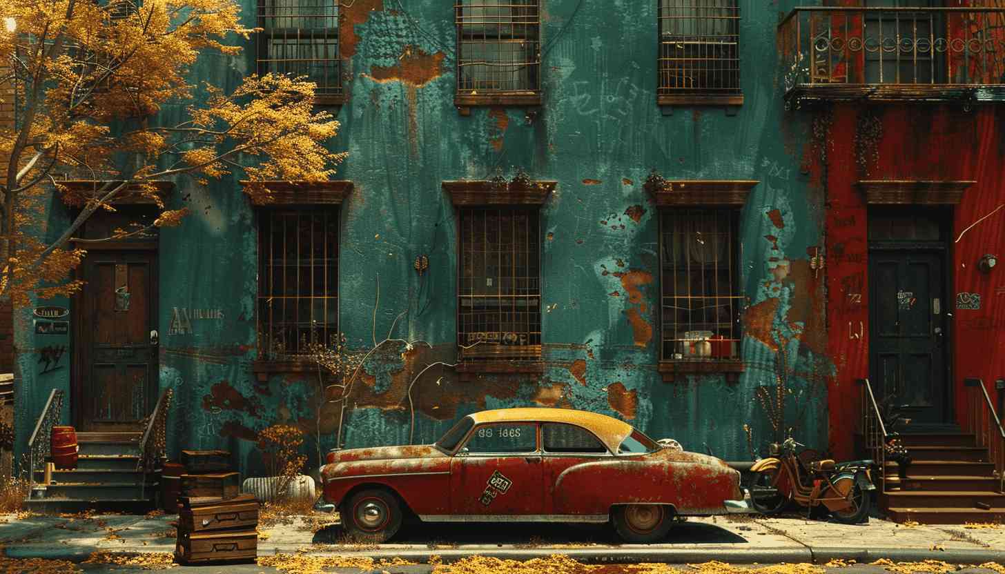 Rusty Vintage Car Parked In Front of Old Building