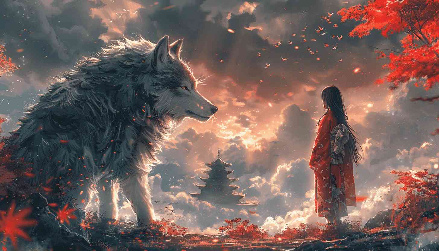 Wolf and Woman in Mystical Japanese Landscape