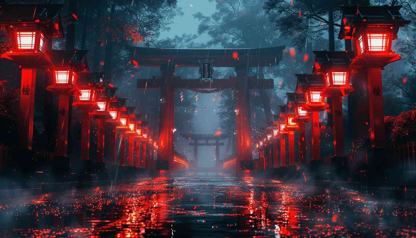 Red Lanterns Illuminate Rainy Night Path Through Torii Gate