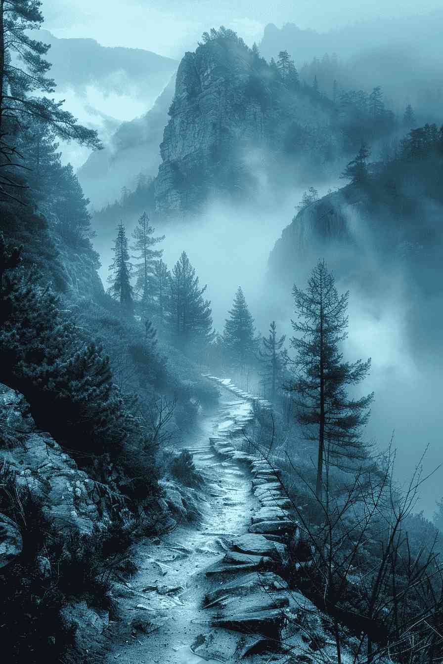 Misty Mountain Path Through Foggy Forest