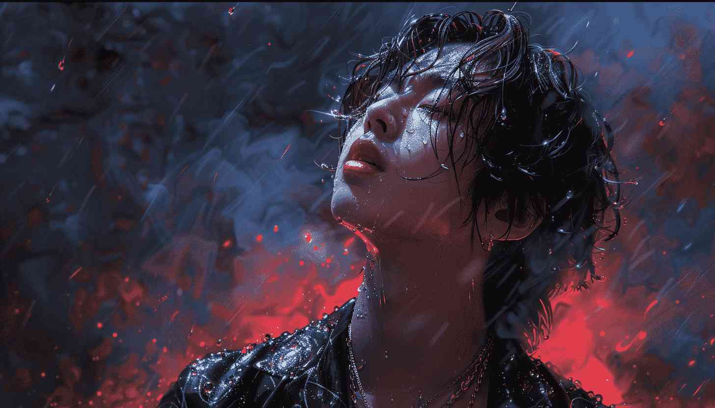 Rain-Soaked Portrait of a Person in Darkness