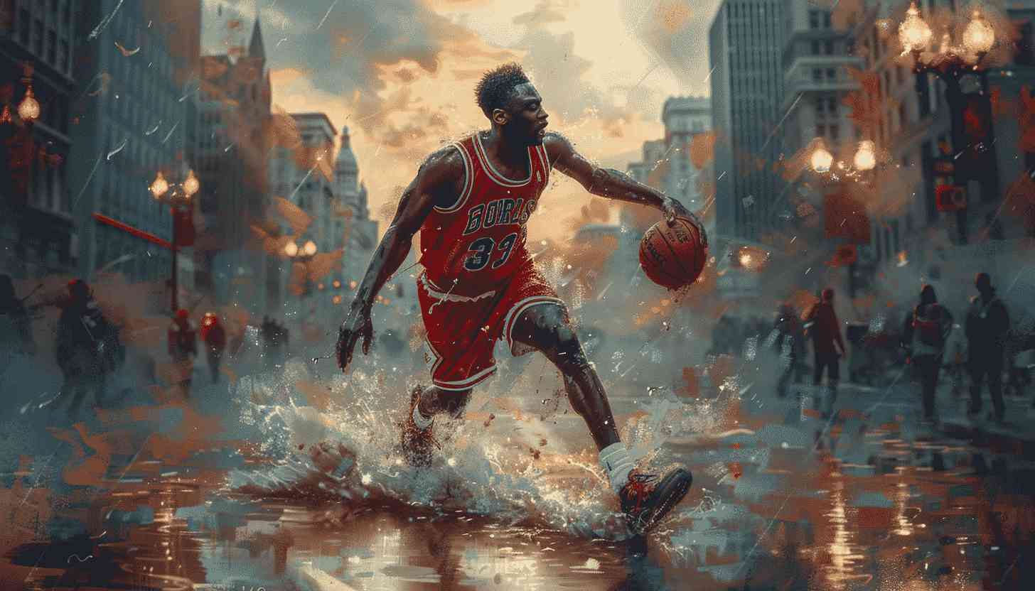 Basketball Player Dribbling Through City Rain