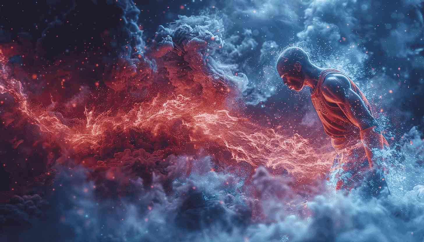 Basketball Player In Cosmic Clouds Of Fire And Ice