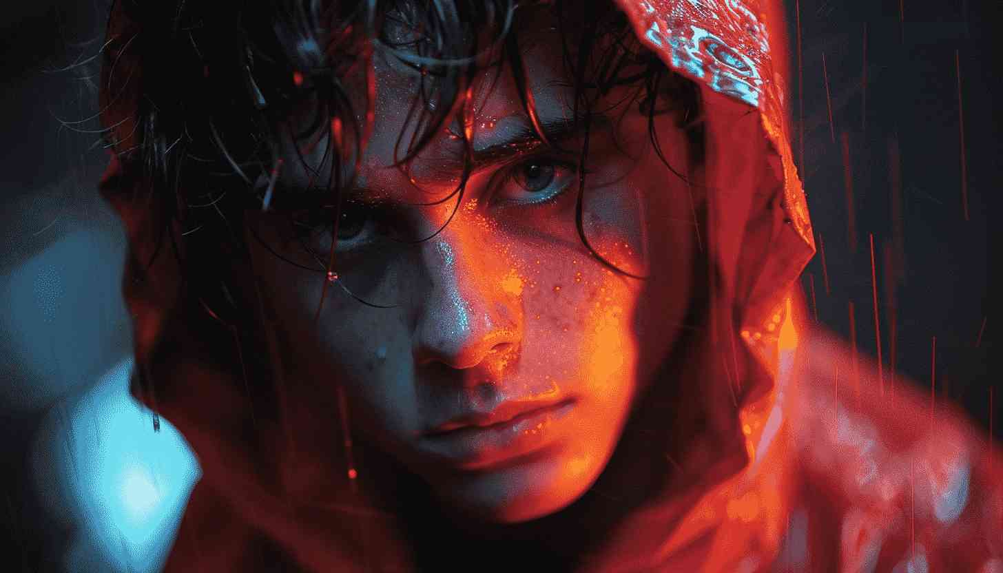 Young Man Rain Neon Red Hoodie Portrait