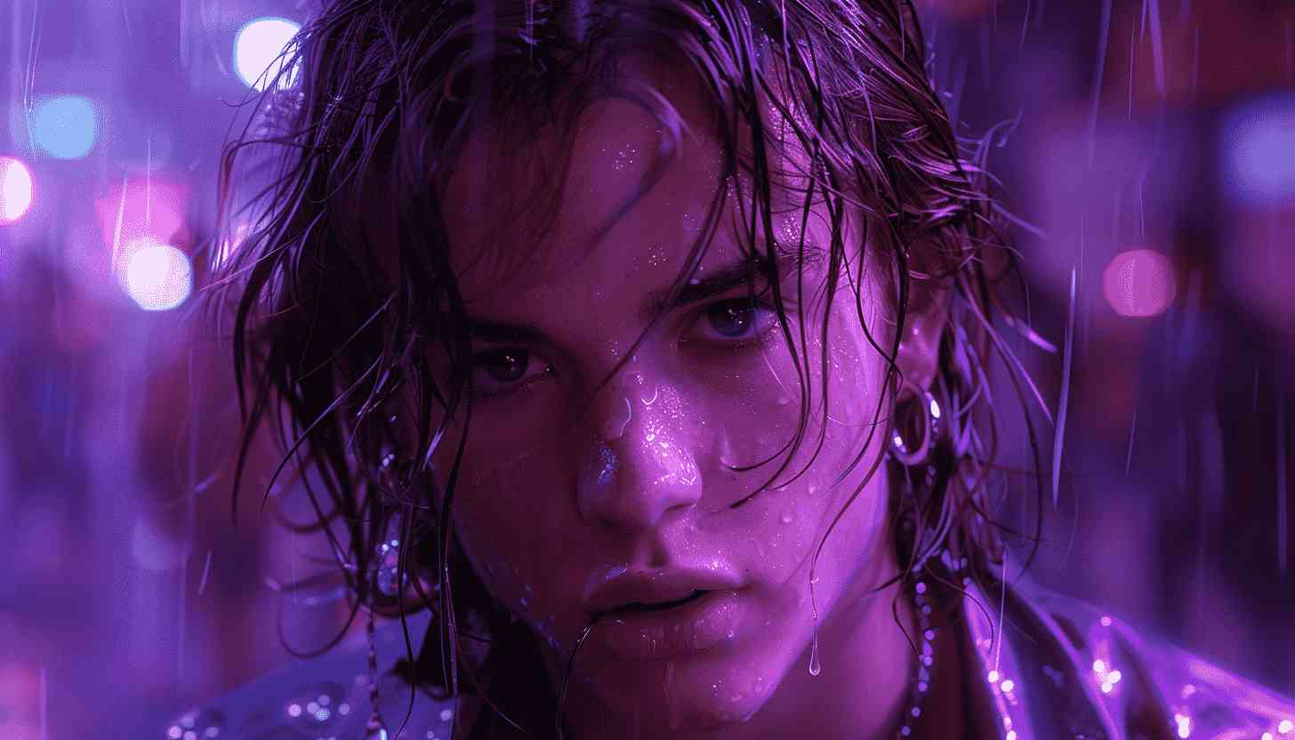 Wet Hair, Purple Lights, Rain-Soaked Cityscape
