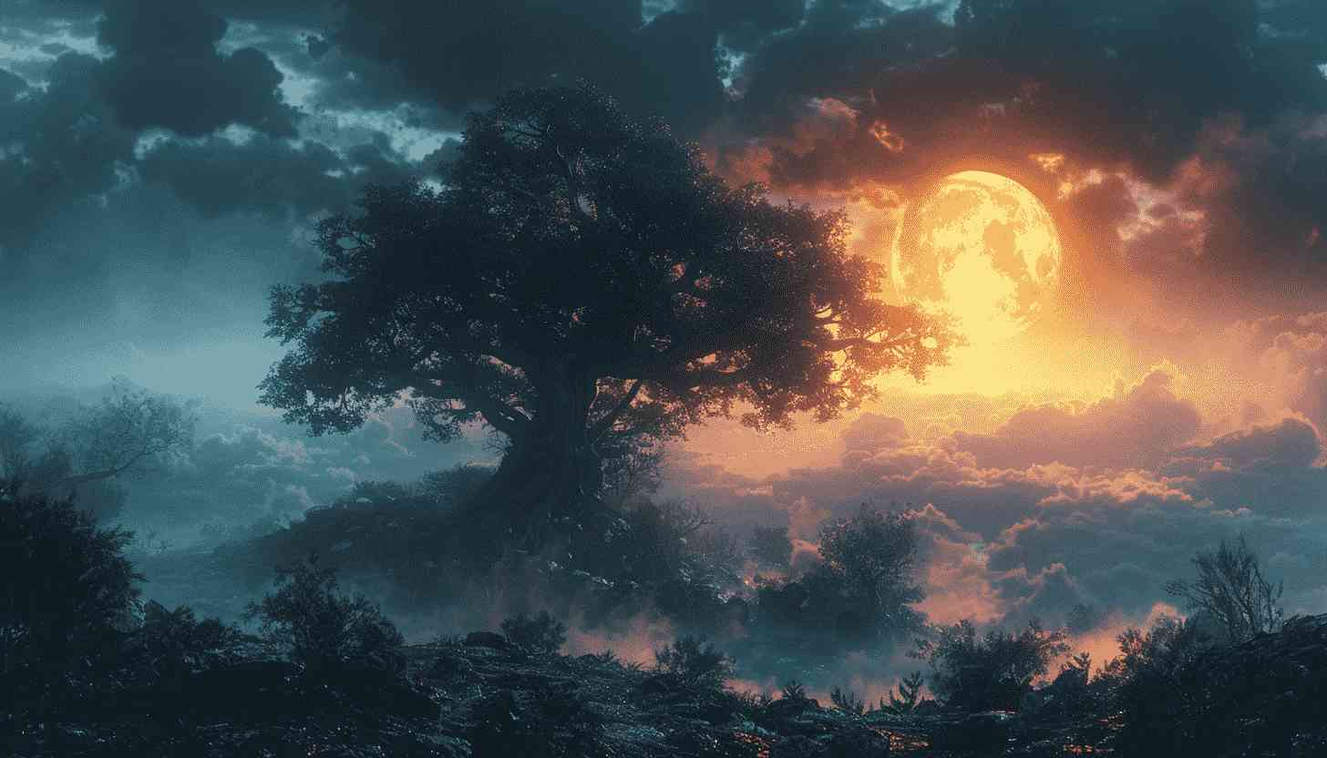 Mysterious Forest Landscape with Full Moon and Clouds