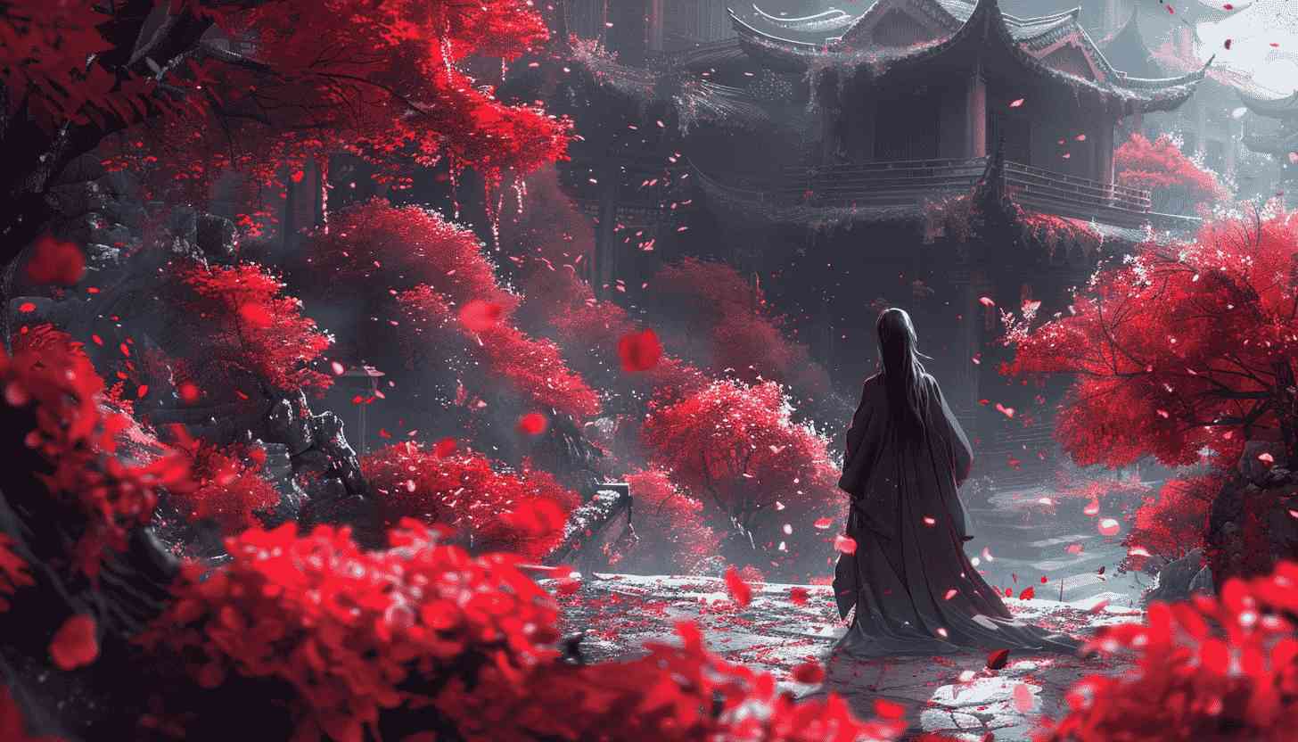 Solitary Figure Amidst Cherry Blossom Rain