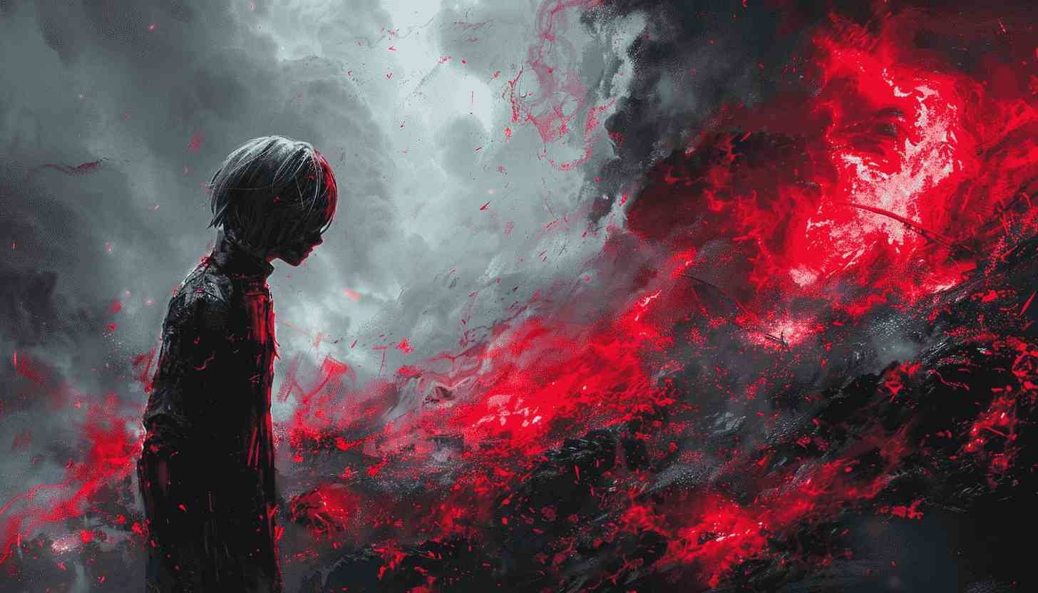 Silhouetted Figure Amidst Burning Red Sky