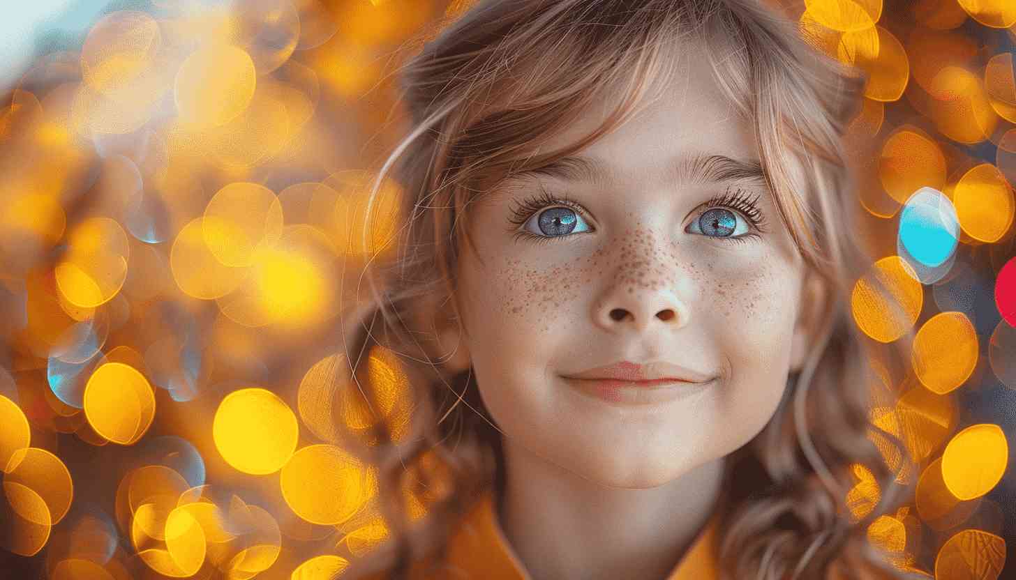 Young Girl with Freckles,  Smiling, Blue Eyes, Bokeh Lights