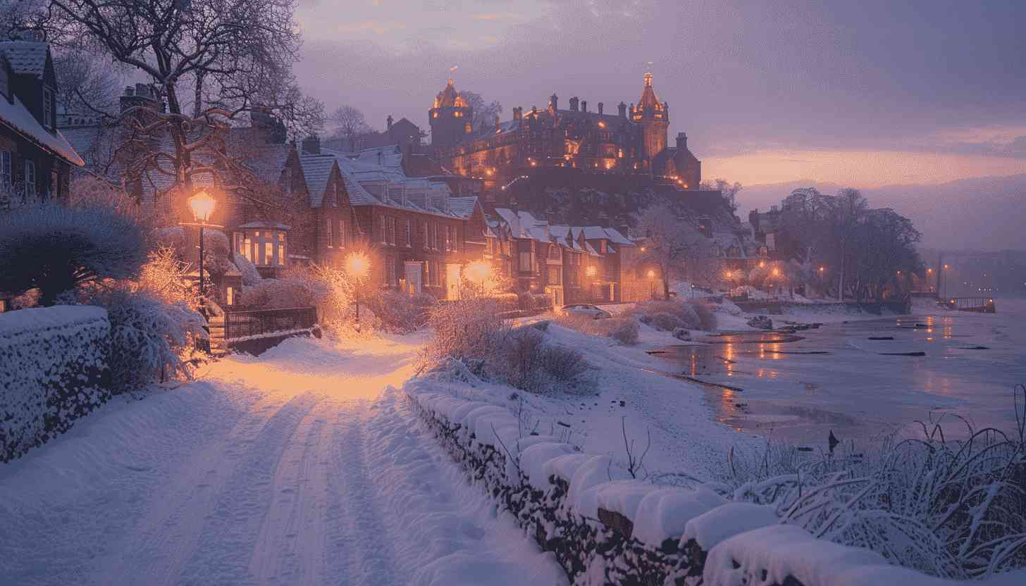 Snow-Covered Village by the Sea at Dusk