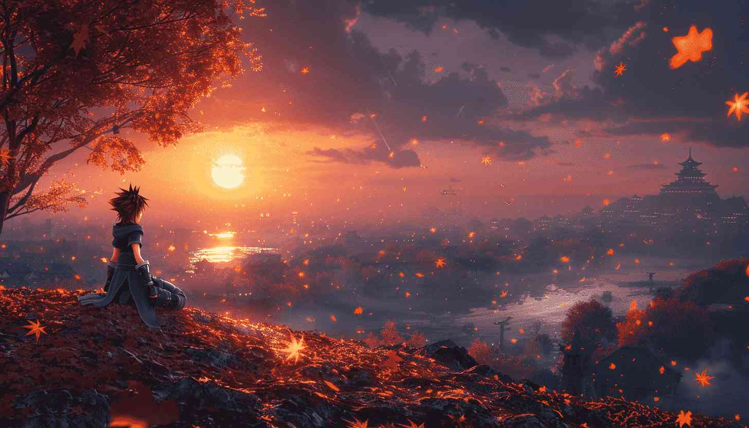 Lonely Figure Gazes at Sunset Over Autumnal City