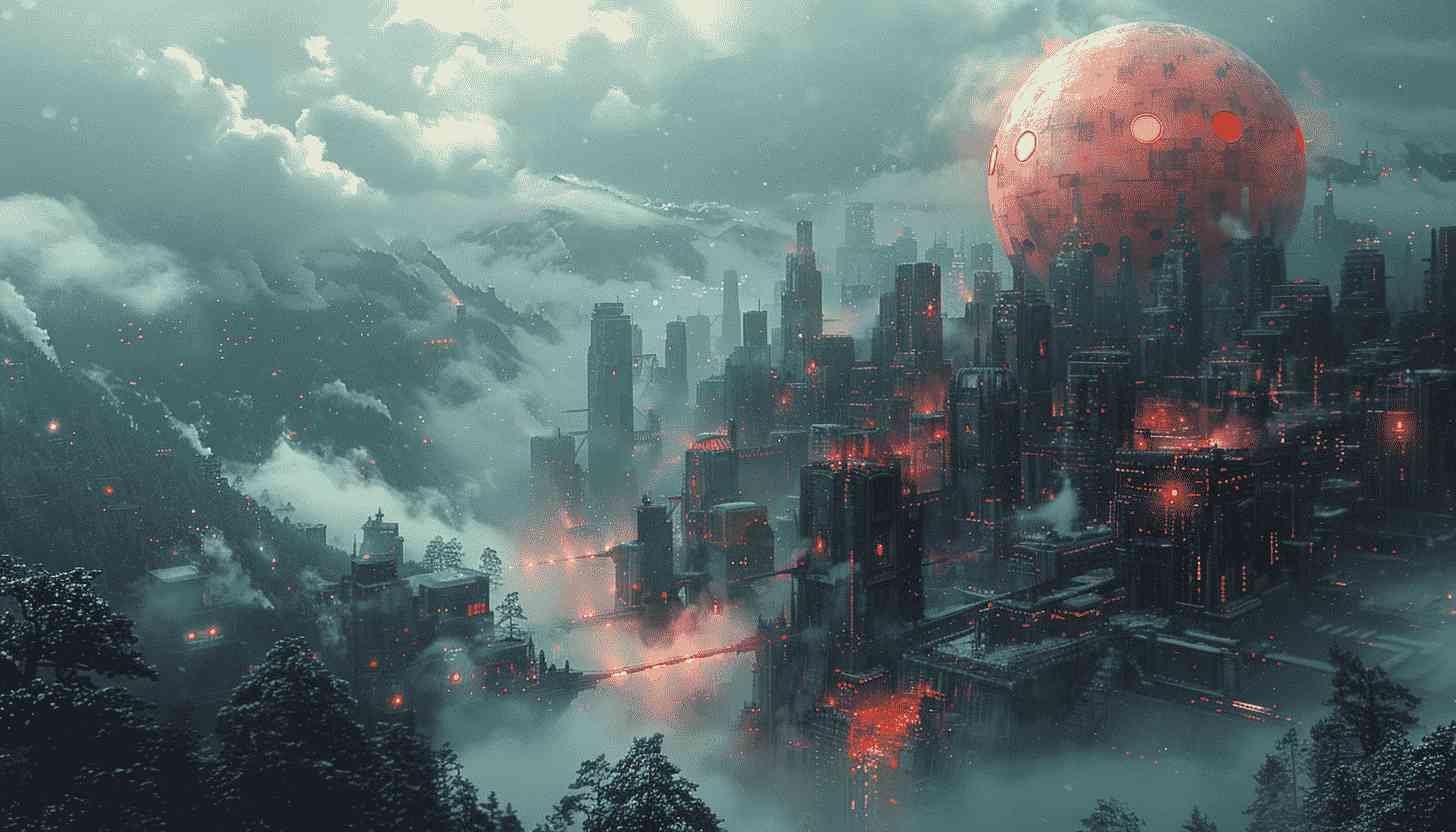 Futuristic Cityscape with Red Moon and Fog