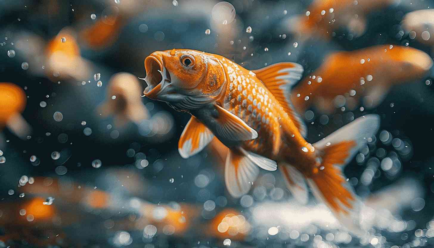 Golden Koi Fish Swimming in Water with Bokeh