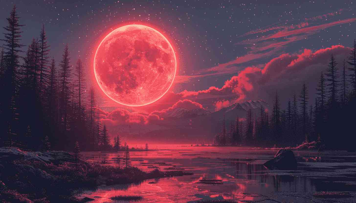 Blood Red Moon Over Silhouetted Forest