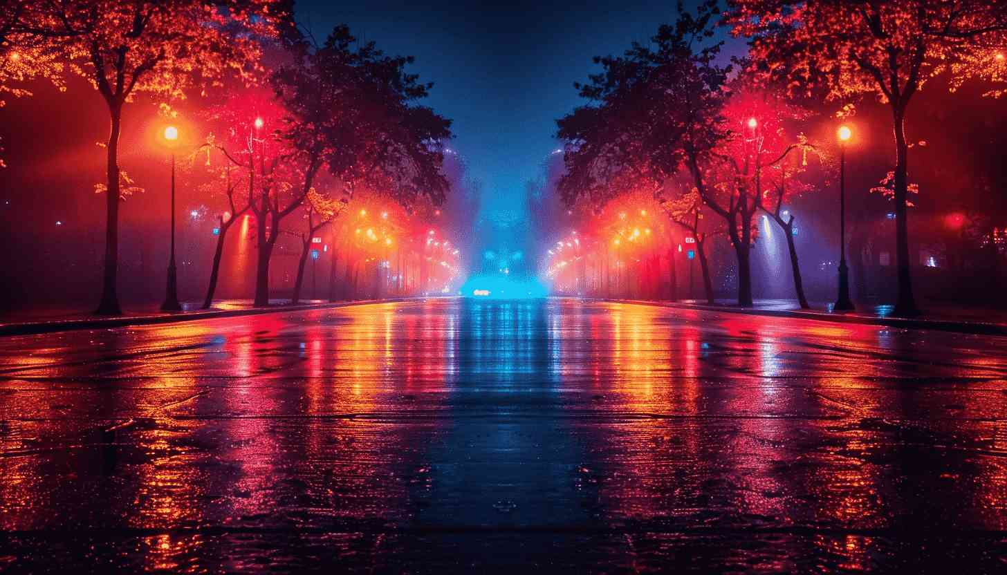 Rainy Night Street Lights Reflecting Fog