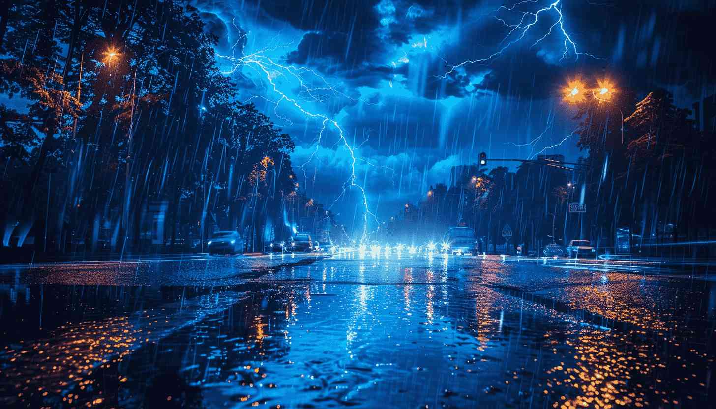 Rainy Night Cityscape with Lightning and Street Lights