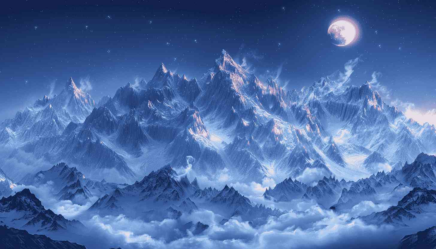 Snowy Mountain Range Under Night Sky with Moon