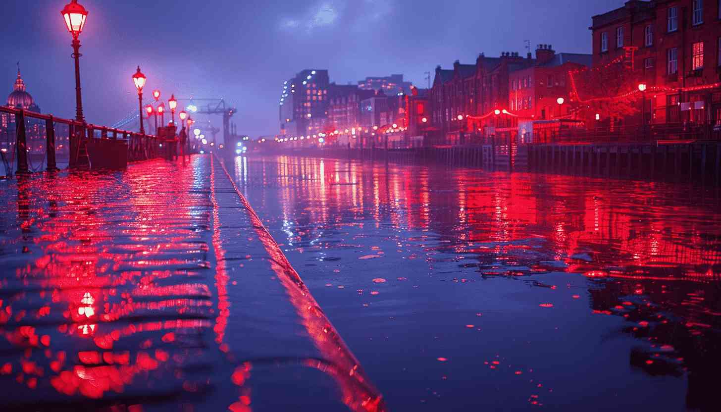 Red Lights Reflecting on Wet Pavement in City