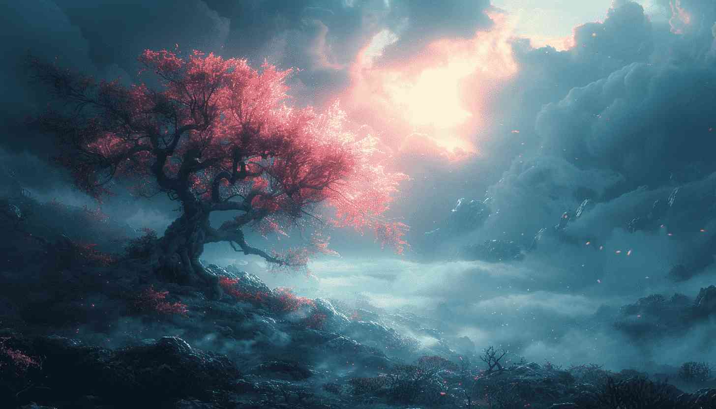 Lonely Tree in Mystical Landscape with Clouds