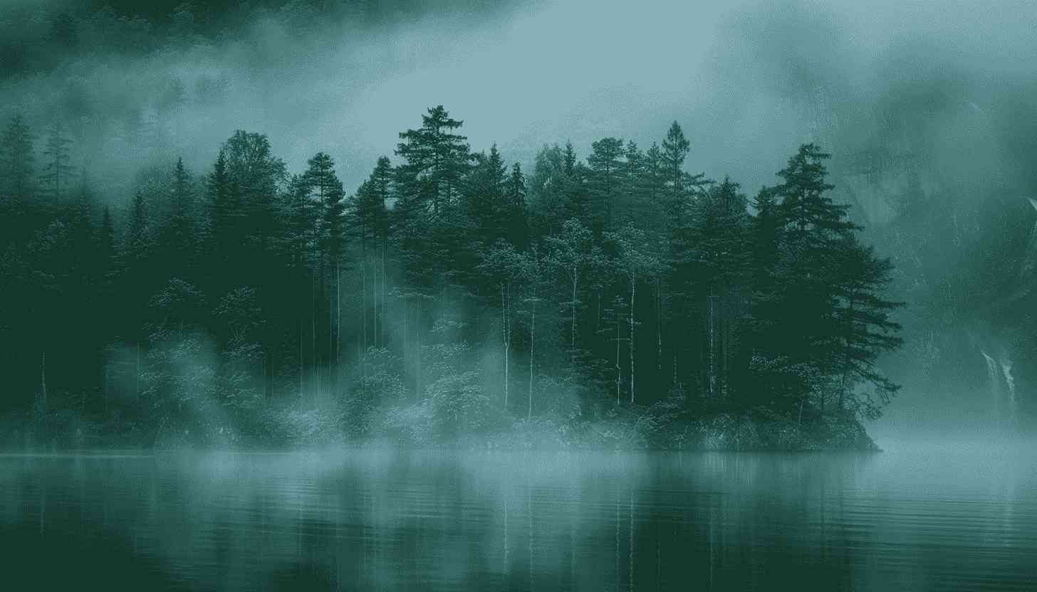 Misty Forest Island Lake Nature Landscape Scenery