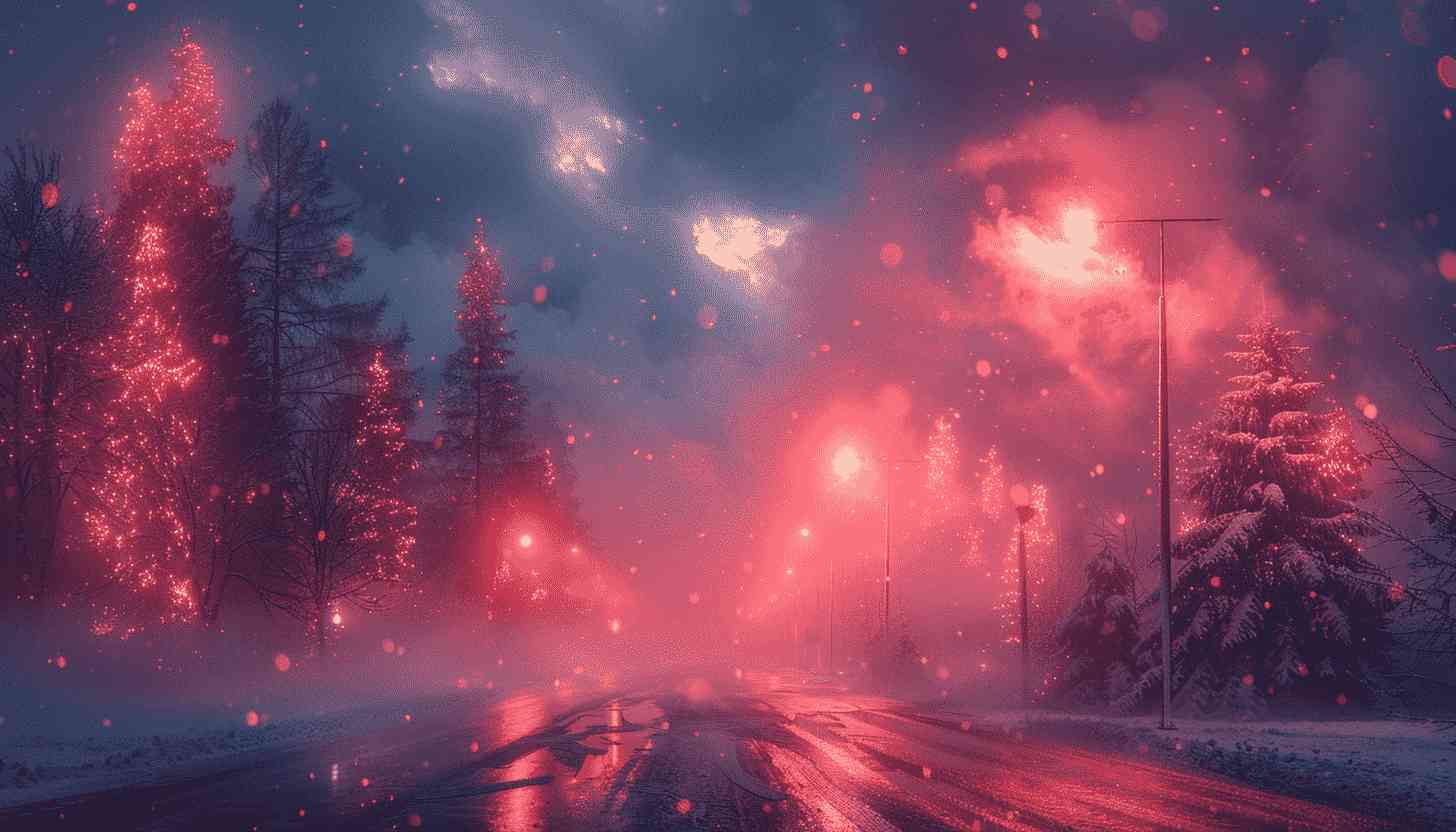 Snowy Road, Christmas Lights, Foggy Night, Winter Wonderland