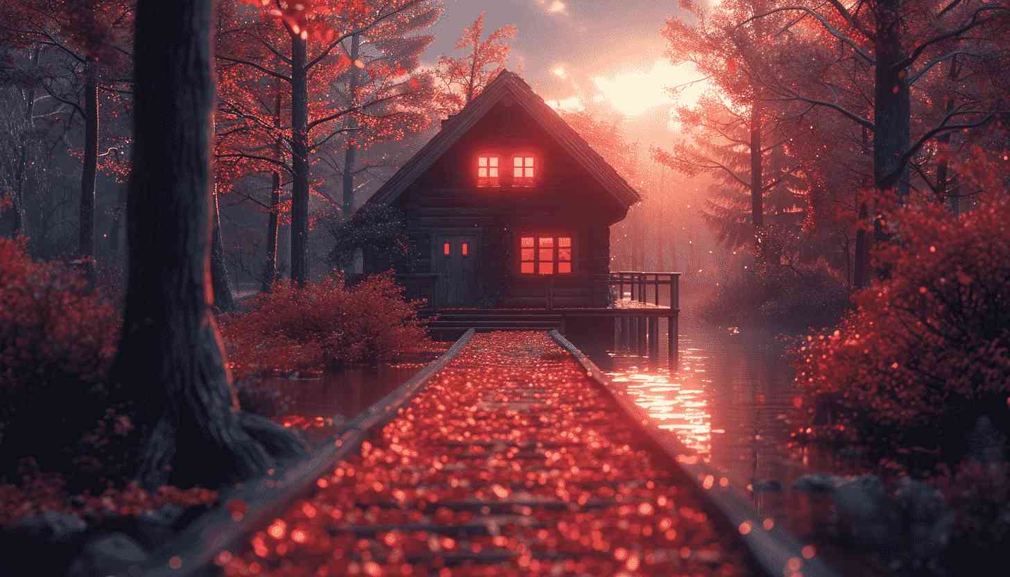 Cabin in the Woods with Red Leaves and Glowing Windows