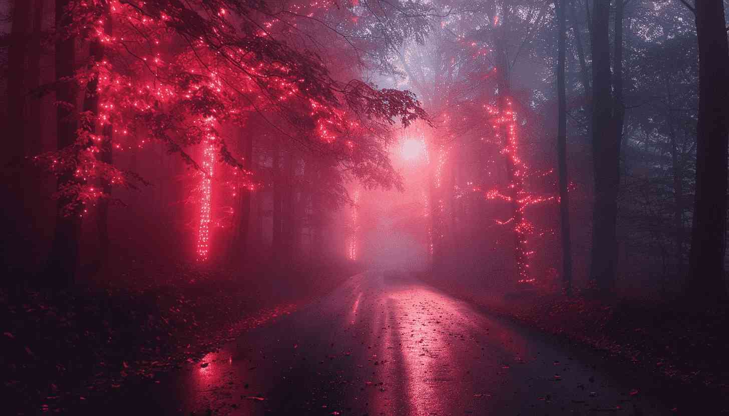 Enchanted Forest Road, Pink Lights, Foggy Night