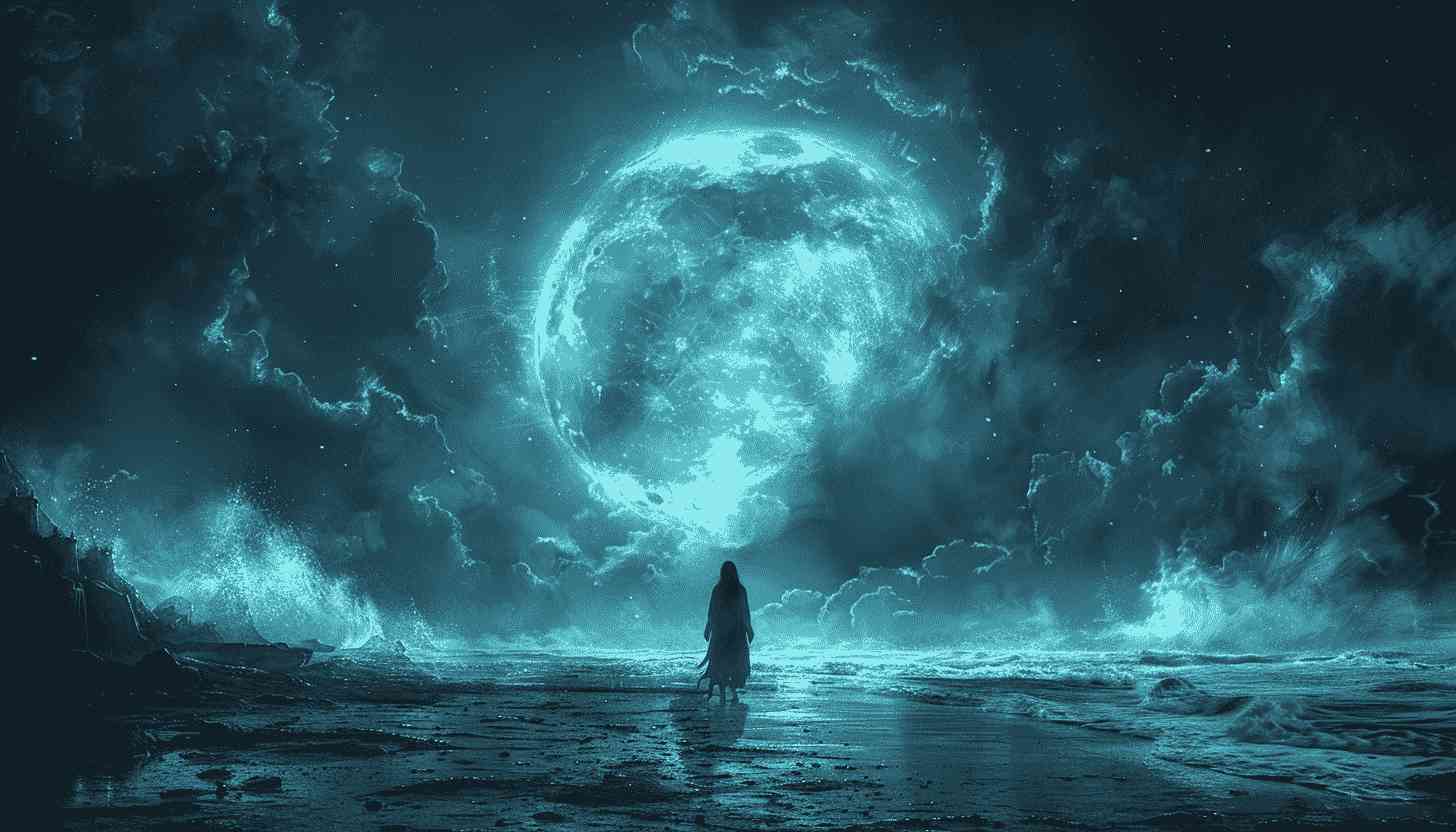 Solitary Figure Gazes at Giant Moon Over Wavy Sea