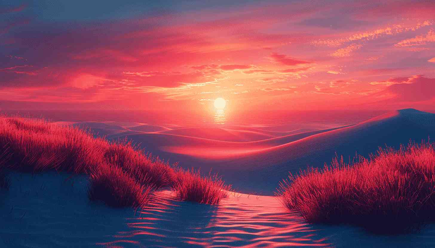 Sunset Over Sand Dunes with Red Grass
