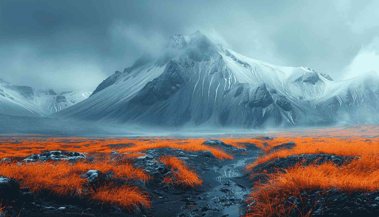 Snowy Mountain Range Landscape with Orange Grass