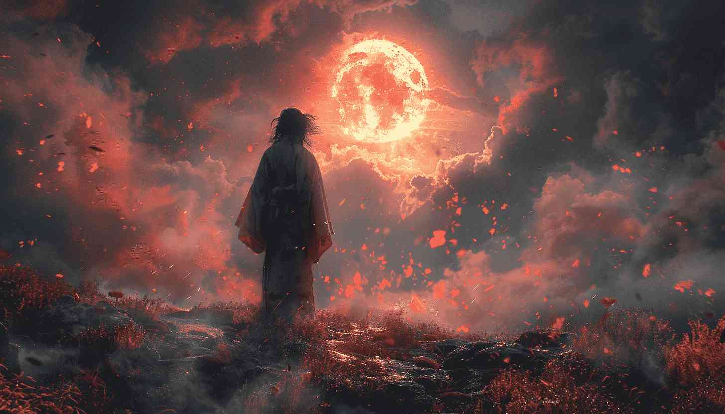 Silhouette Figure Facing Blood Red Moon