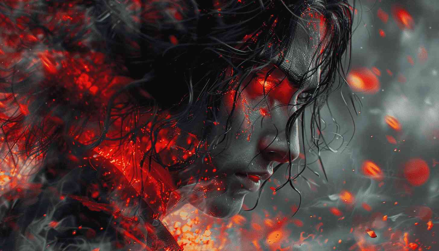 Woman with Red Eyes in Fire and Smoke