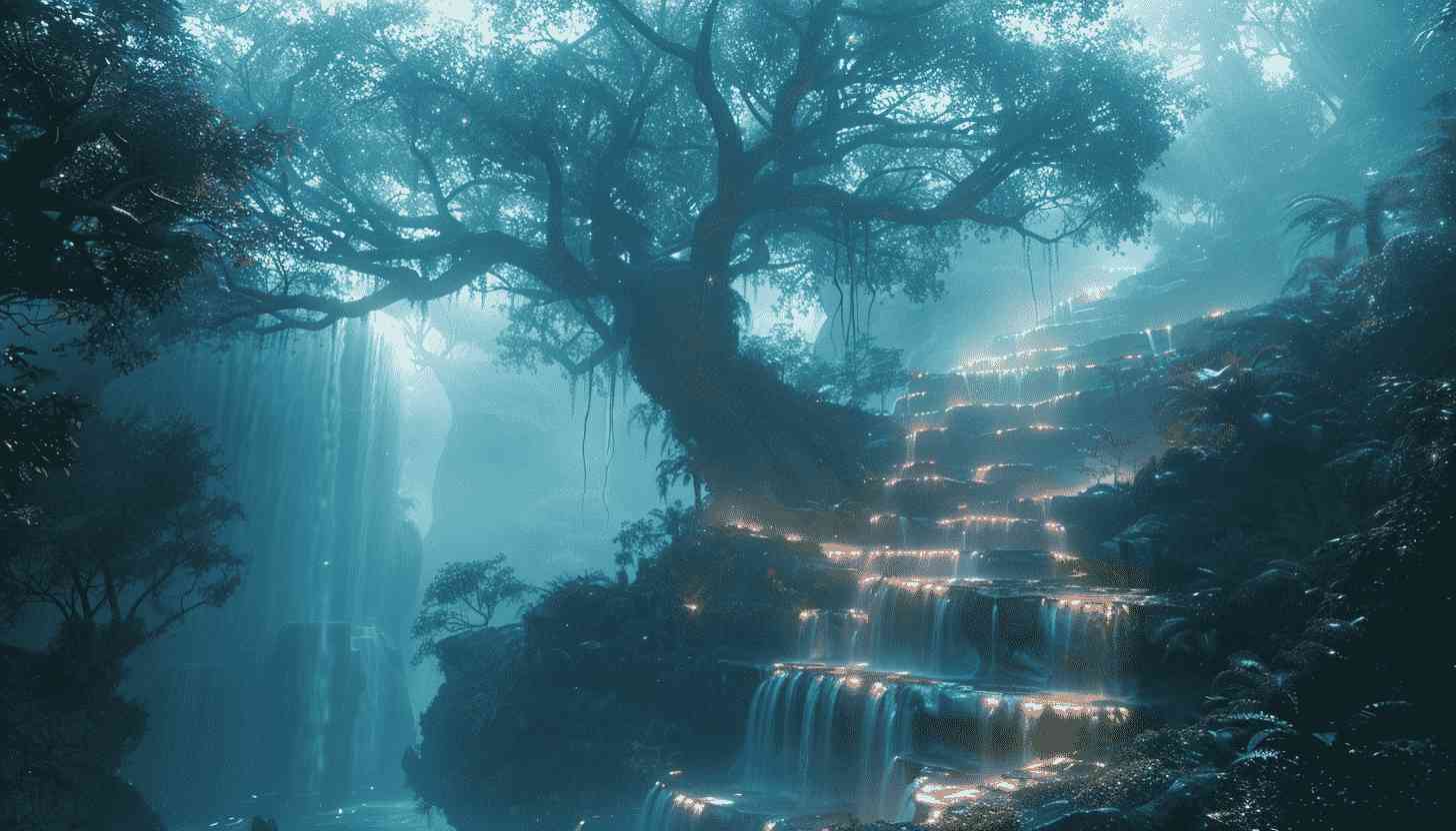 Mystical Forest Waterfall Landscape Scene