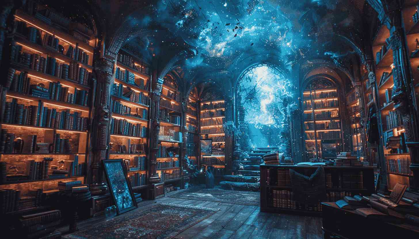 Enchanted Library with Glowing Portal and Books