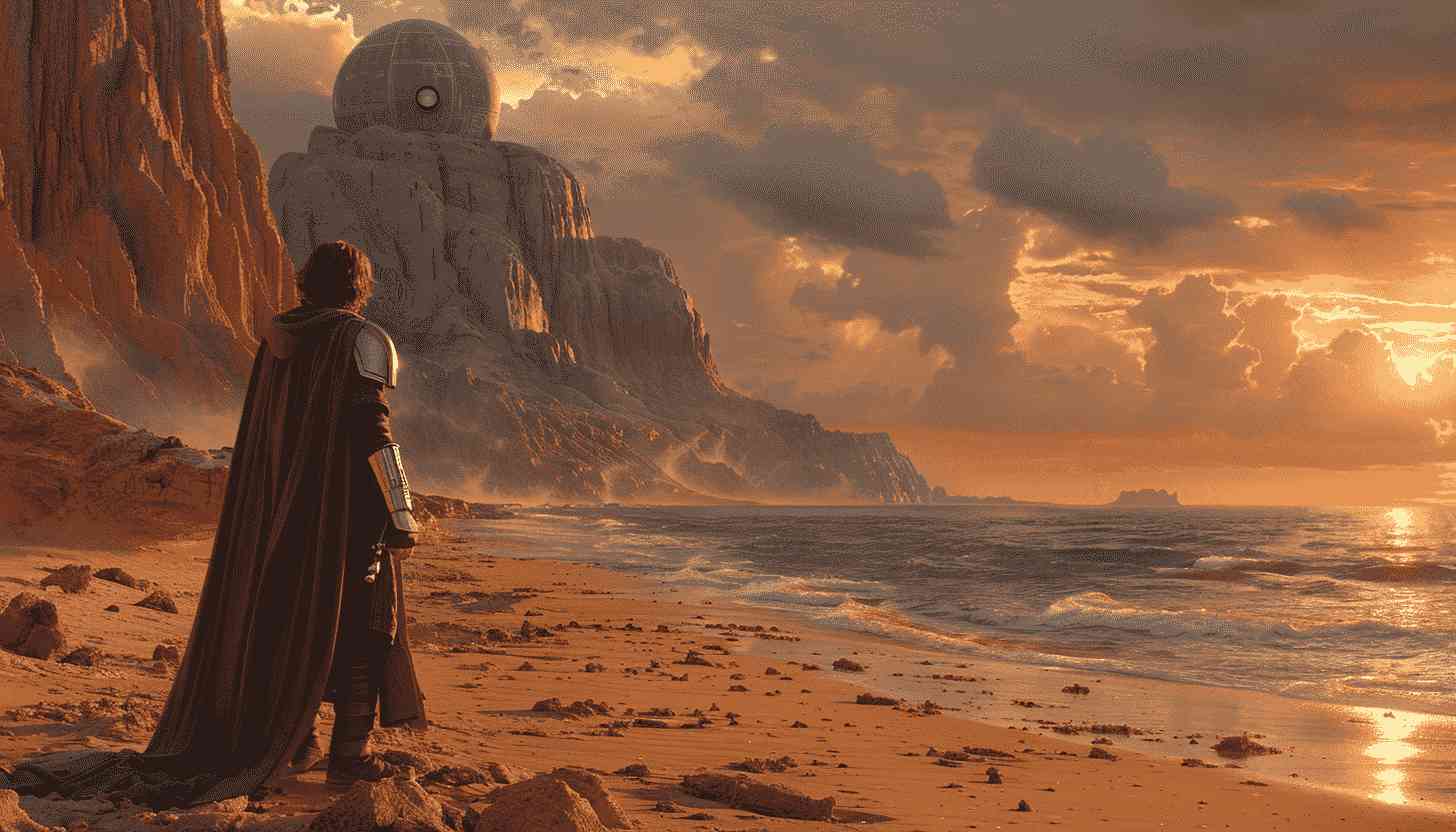 Lonely Figure on a Desert Beach with a Distant Structure