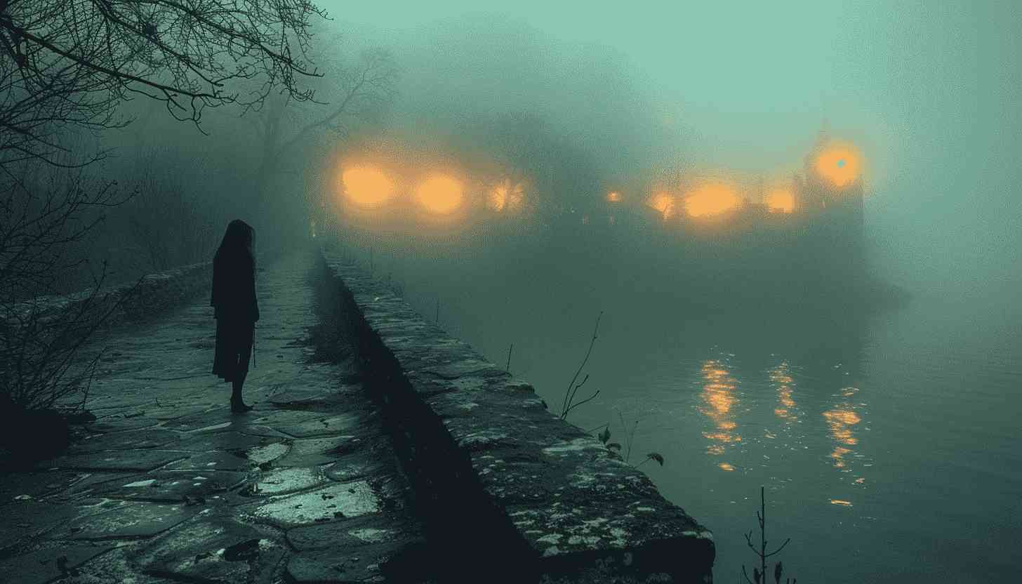 Solitary Figure in Foggy Landscape with Lights