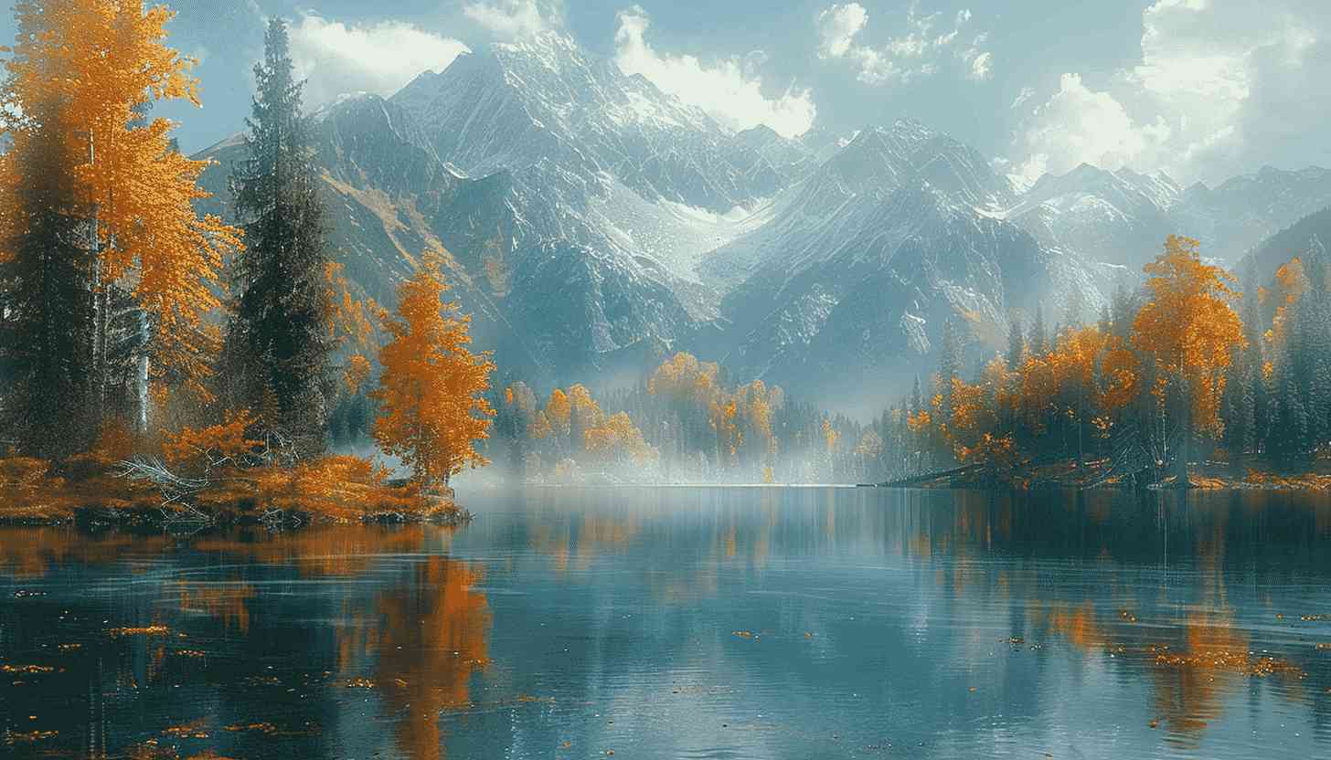 Autumnal Serenity: Mountain Lake with Golden Trees